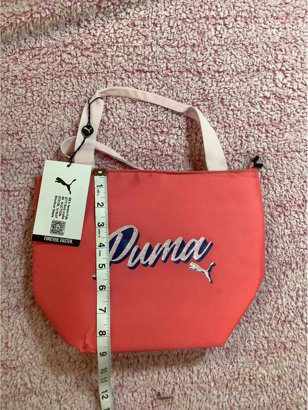 Puma Small Tote Bag Coral Pink with Zipper Closure